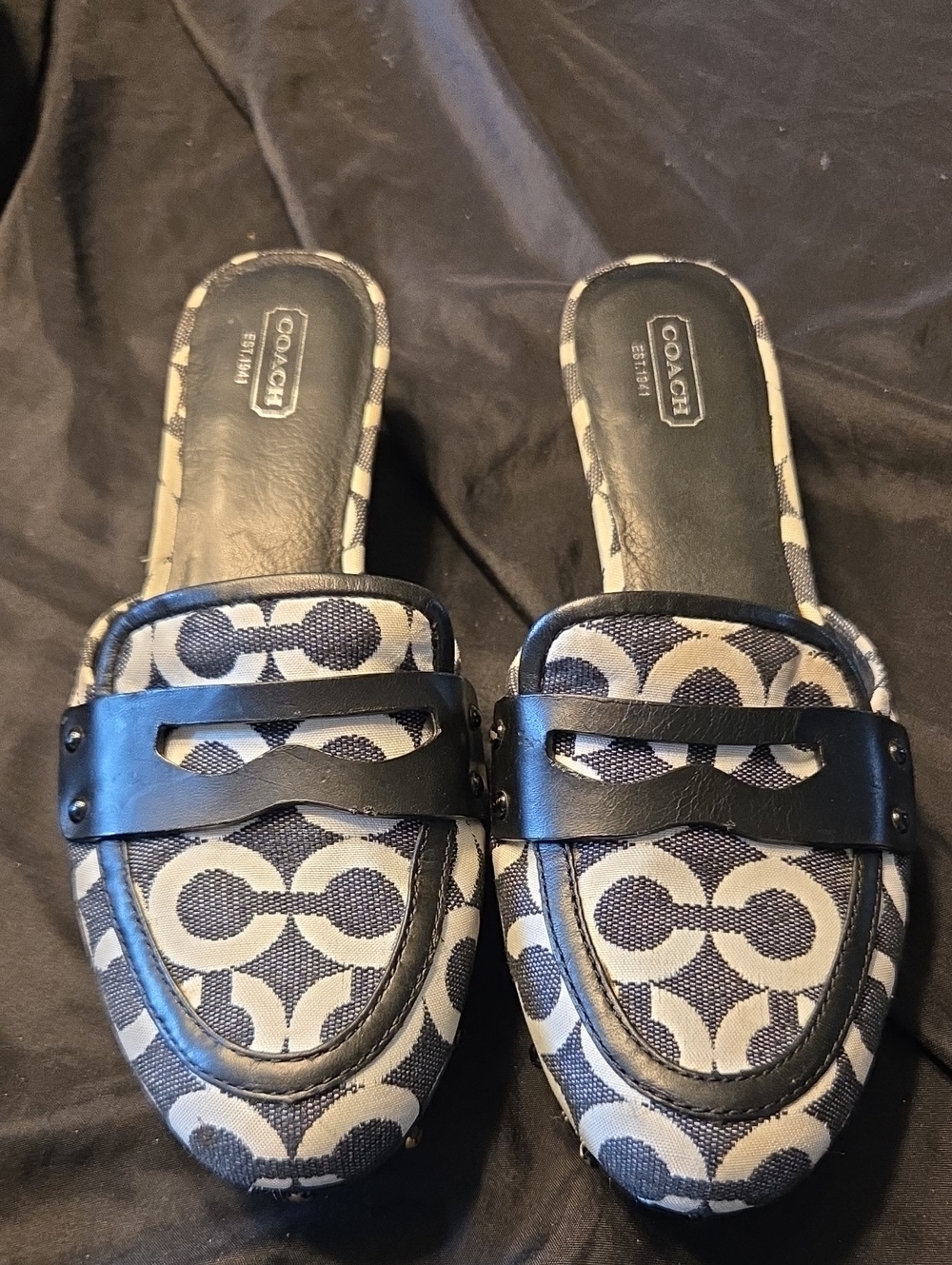 Coach Navy and Ivory Signature Backless Mules